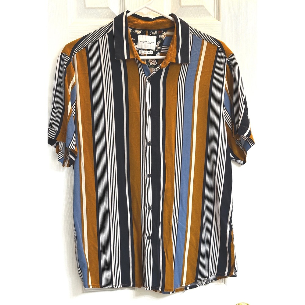 Denim & Flower Ricky Singh Mens Large Striped Viscose Short Sleeve Button Down